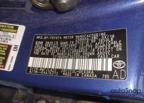 2016 Toyota Corolla S Premium из США, поврежденный, VIN 2T1BURHE3GC656467